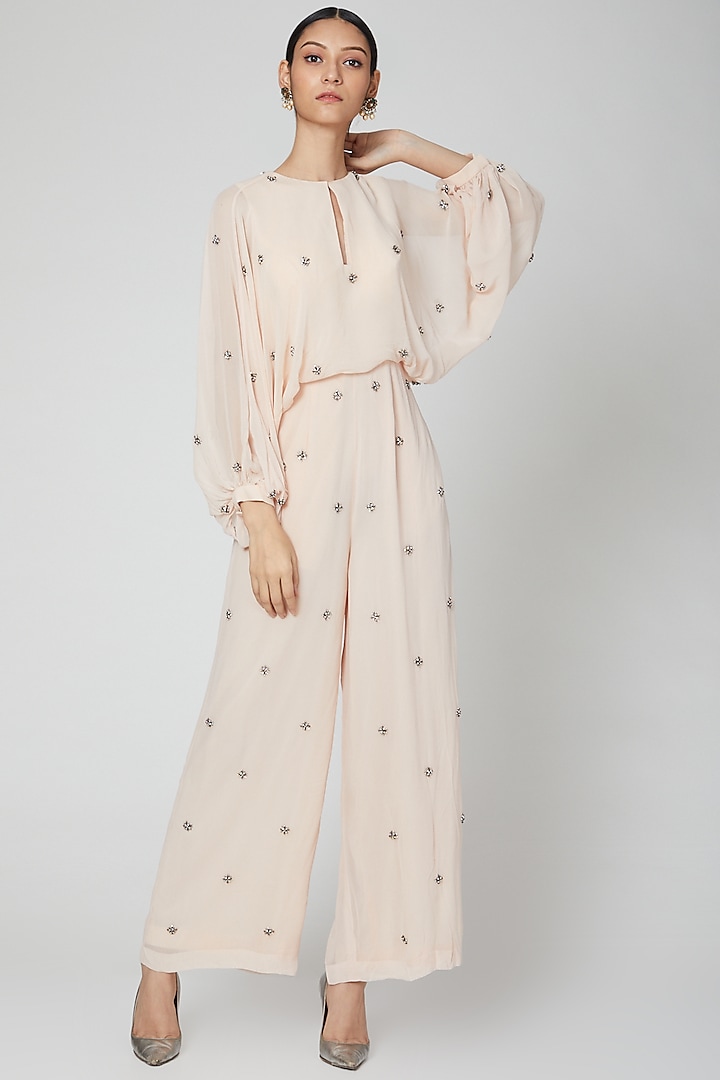 Beige Hand Embroidered Jumpsuit by Rajat tangri  at Pernia's Pop Up Shop