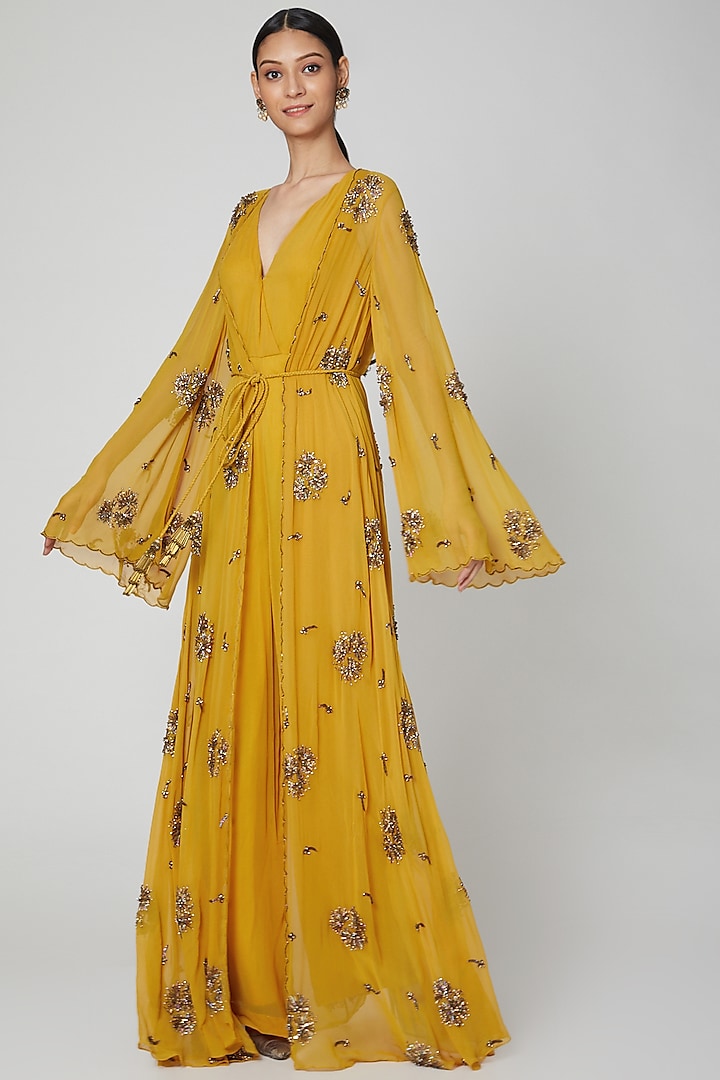 Mustard Jumpsuit With Embroidered Jacket by Rajat tangri 