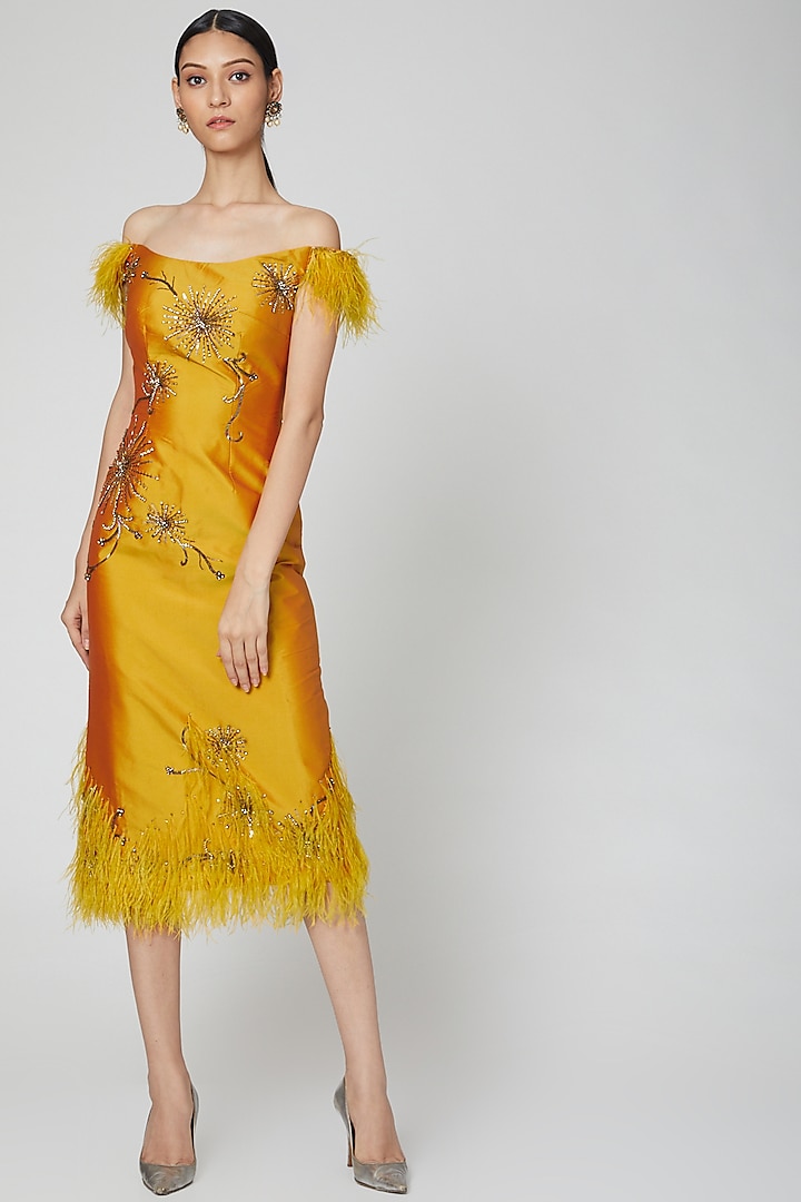 Mustard Embroidered Dress by Rajat tangri 