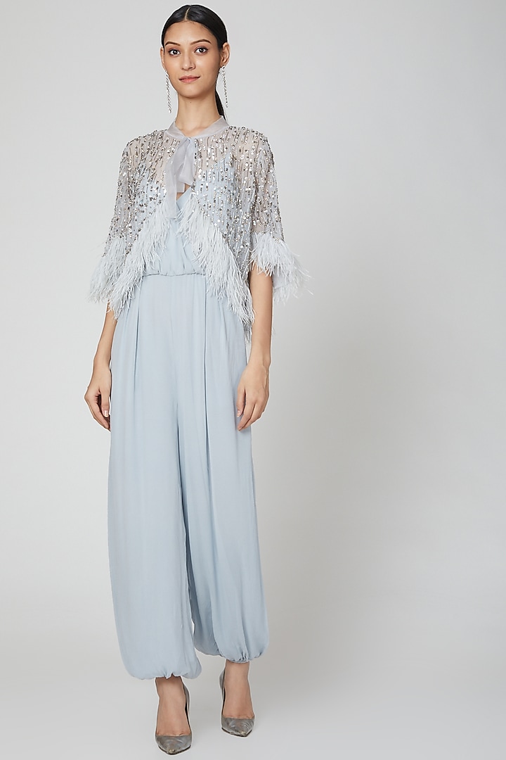 Sky Blue Jumpsuit With Embroidered Jacket by Rajat tangri 