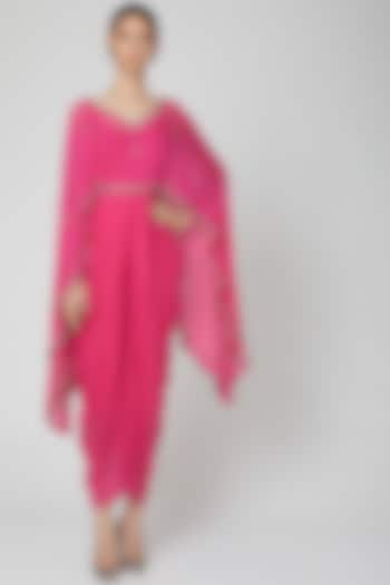 Fuchsia Embroidered  Jumpsuit With Cape by Rajat tangri 