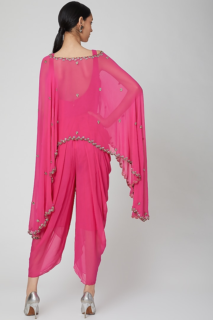 Fuchsia Embroidered  Jumpsuit With Cape by Rajat tangri  at Pernia's Pop Up Shop