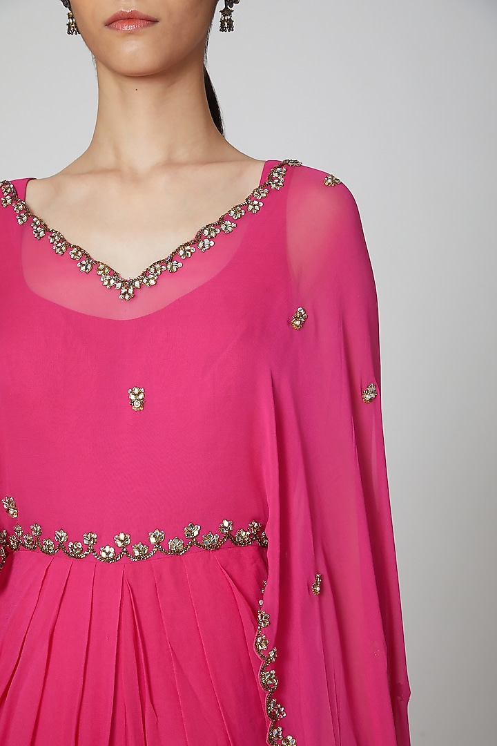 Fuchsia Embroidered  Jumpsuit With Cape by Rajat tangri  at Pernia's Pop Up Shop