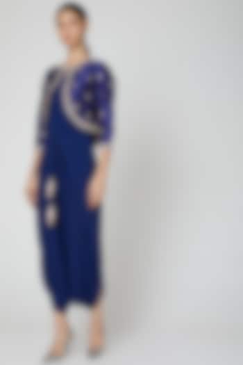 Cobalt Blue Jumpsuit With Embroidered Jacket by Rajat tangri 