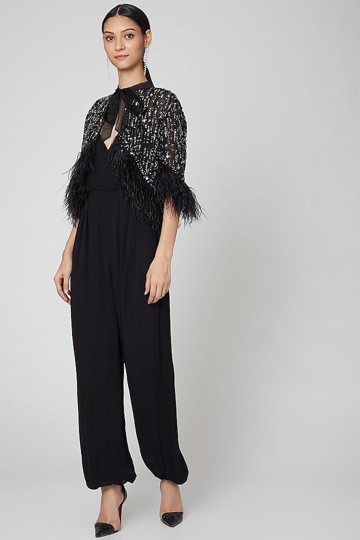 Black Jumpsuit With Embroidered Jacket by Rajat tangri 