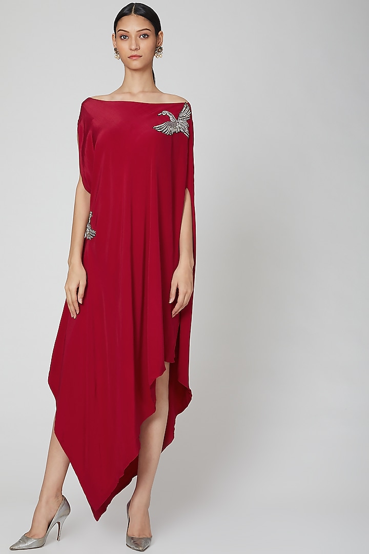 Red Hand Embroidered Tunic Dress by Rajat tangri 