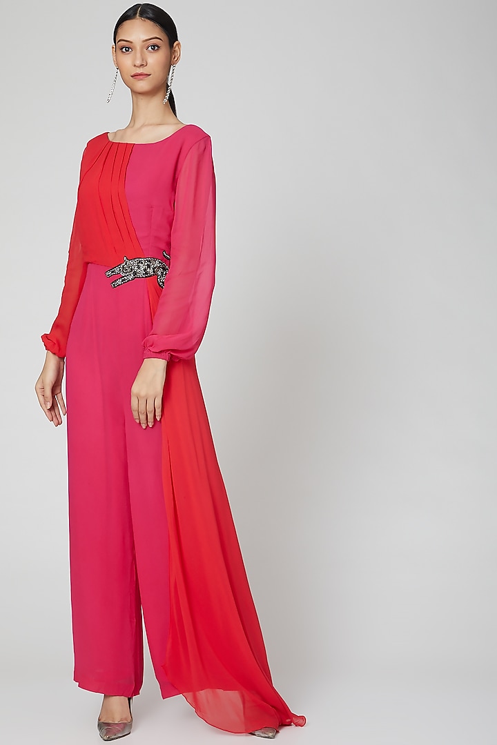 Fuchsia & Red Embroidered  Jumpsuit  by Rajat tangri 