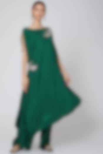 Emerald Green Taffeta Applique Embroidered Asymmetrical Tunic Set by Rajat tangri 