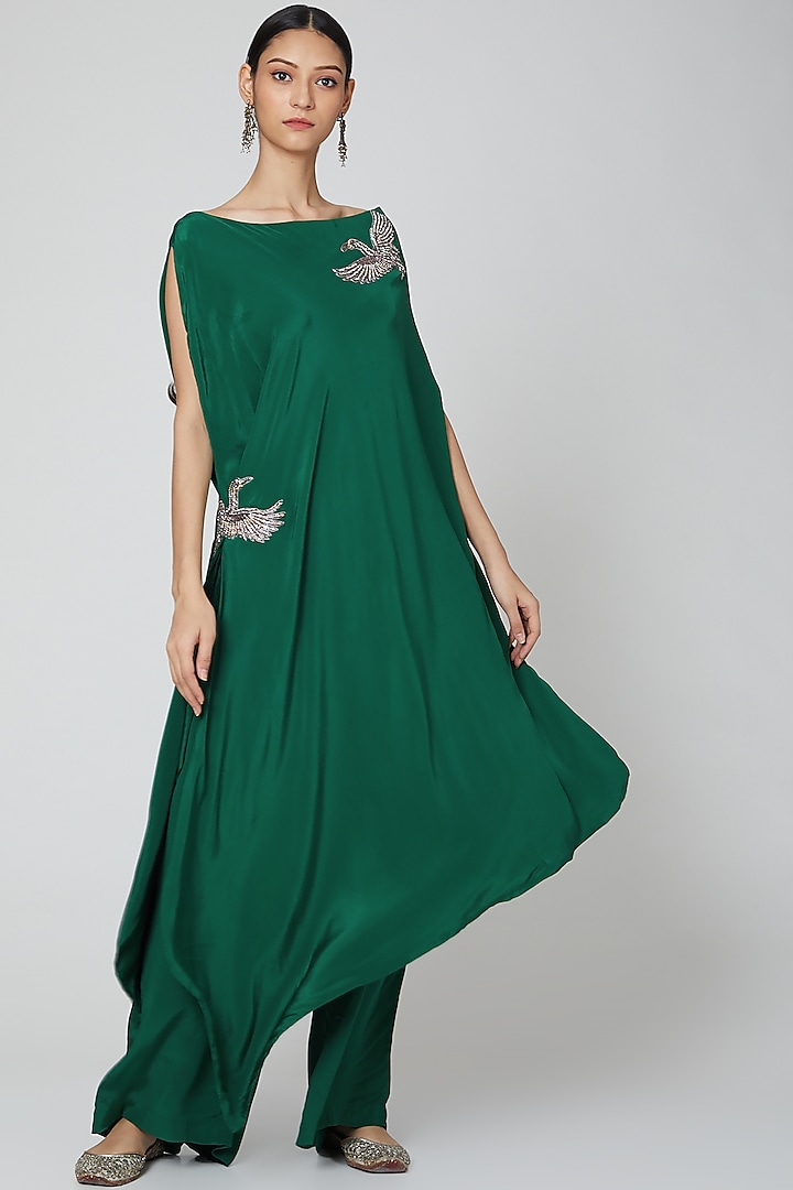 Emerald Green Taffeta Applique Embroidered Asymmetrical Tunic Set by Rajat tangri 
