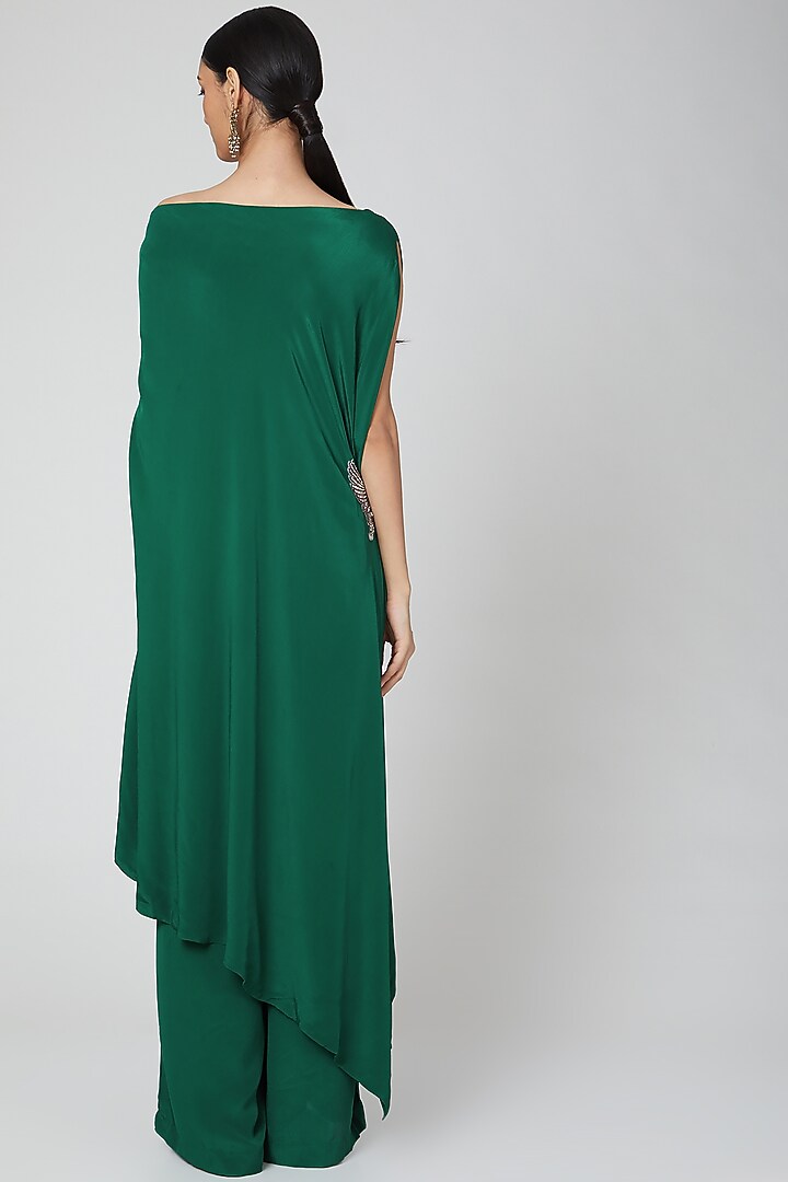 Emerald Green Taffeta Applique Embroidered Asymmetrical Tunic Set by Rajat tangri at Pernia's Pop Up Shop