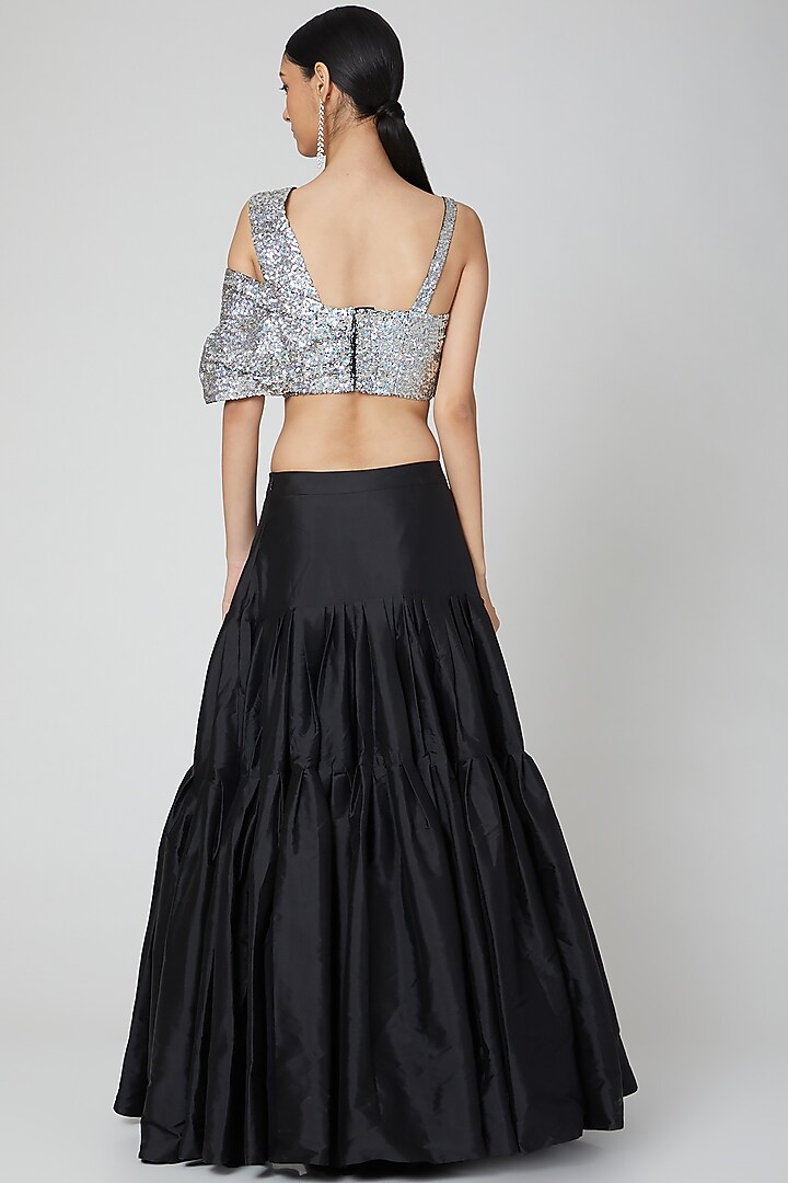 Black Taffeta Sequins Embroidered Layered Wedding Lehenga Set by Rajat tangri  at Pernia's Pop Up Shop
