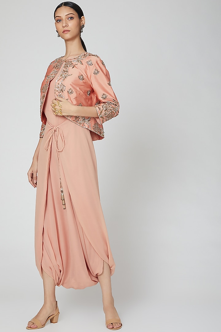 Peach Jumpsuit With Jacket by Rajat tangri 