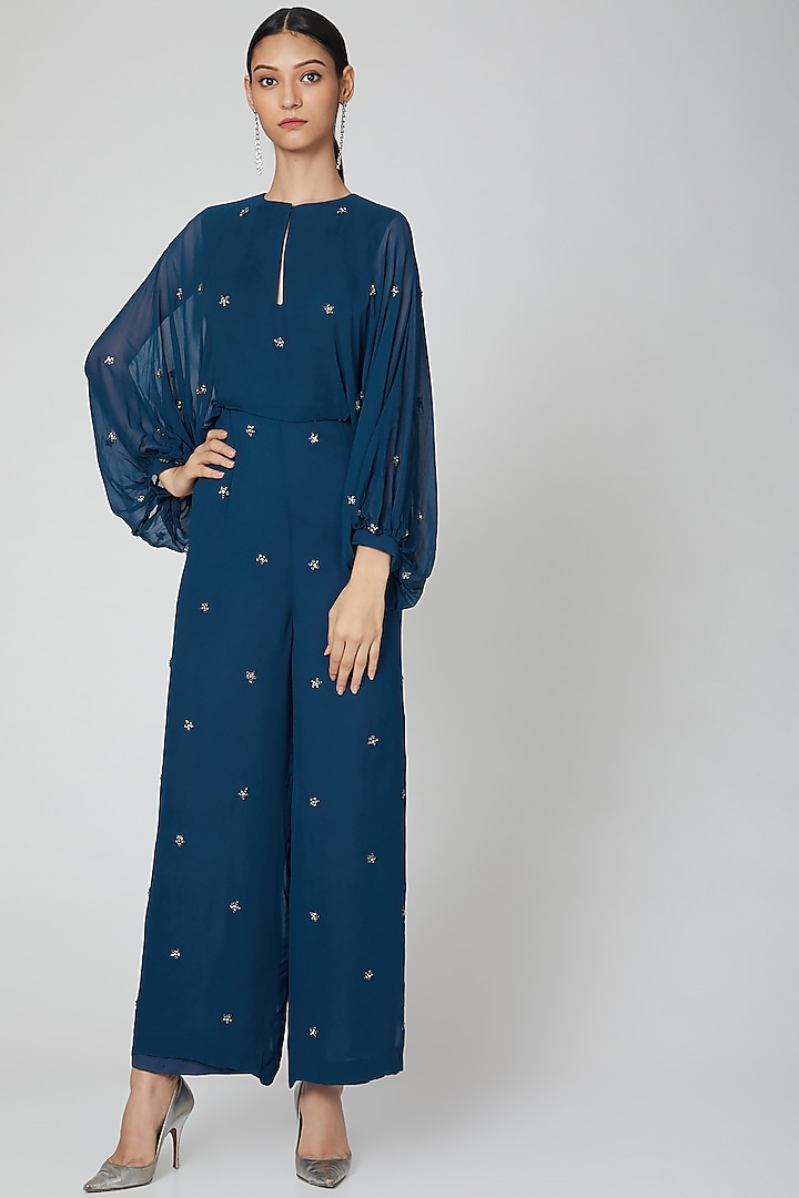 Cobalt Blue Embroidered Jumpsuit by Rajat tangri 