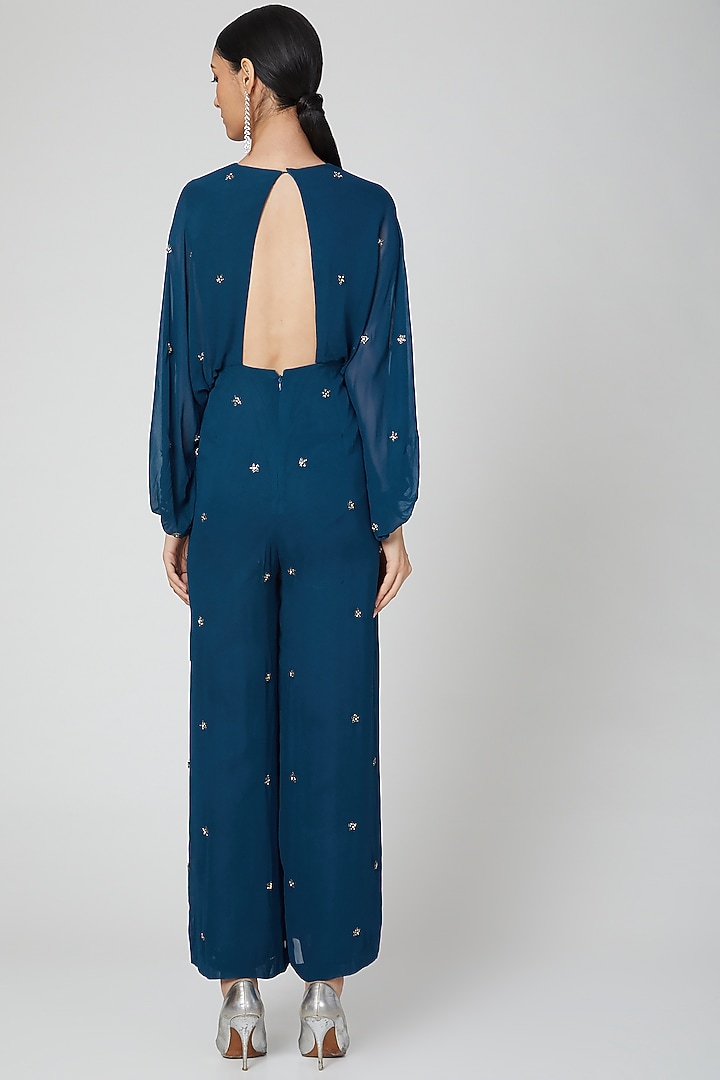 Cobalt Blue Embroidered Jumpsuit by Rajat tangri at Pernia's Pop Up Shop