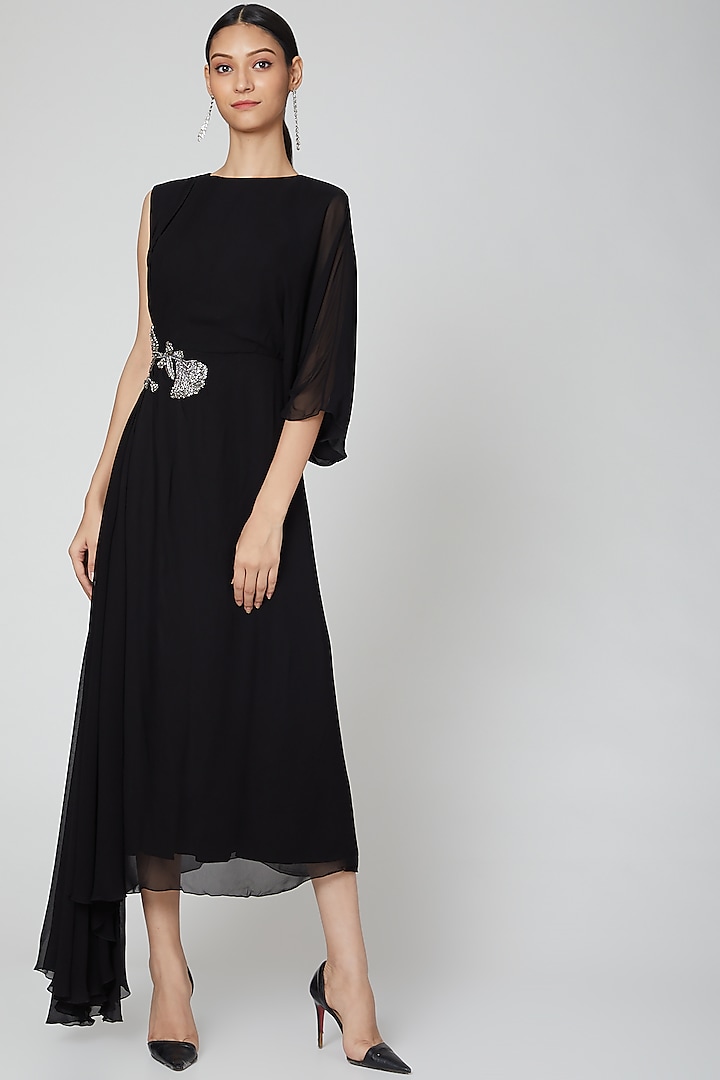 Black Embroidered Asymmetrical Dress by Rajat tangri 