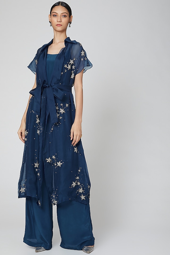 Cobalt Blue Embroidered Tunic Set by Rajat tangri 