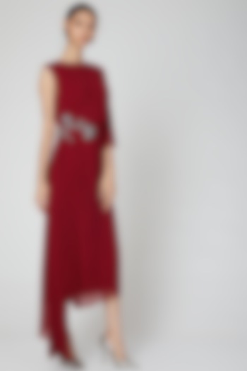 Maroon Embroidered Asymmetrical Dress by Rajat tangri 