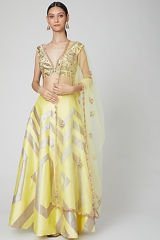 Yellow Embroidered Lehenga Set by Rajat tangri 