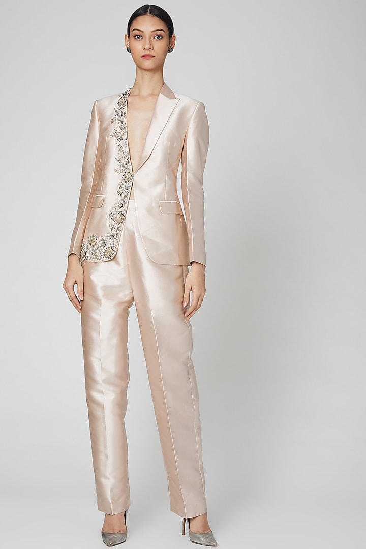 Nude Embroidered Blazer With Pants by Rajat tangri 