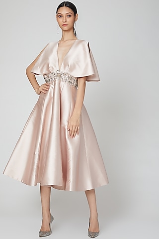 Nude Flared Dress With Embroidered Belt by Rajat tangri 