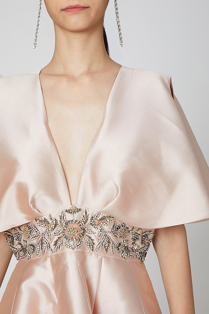 Nude Flared Dress With Embroidered Belt by Rajat tangri at Pernia's Pop Up Shop