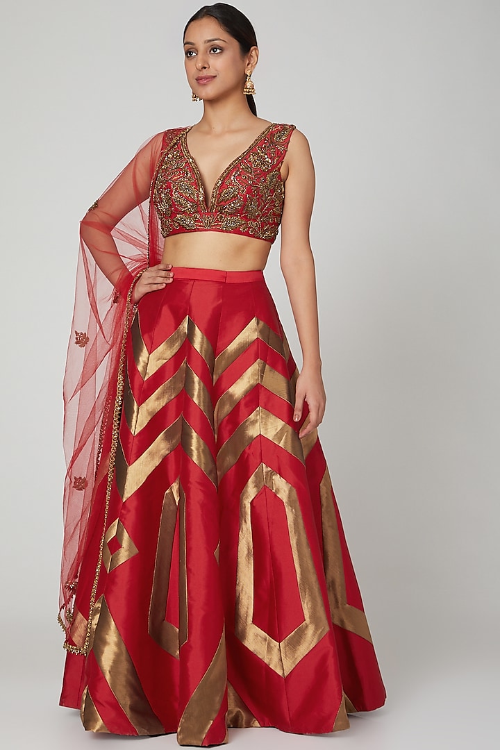 Red Embroidered Lehenga Set by Rajat tangri 