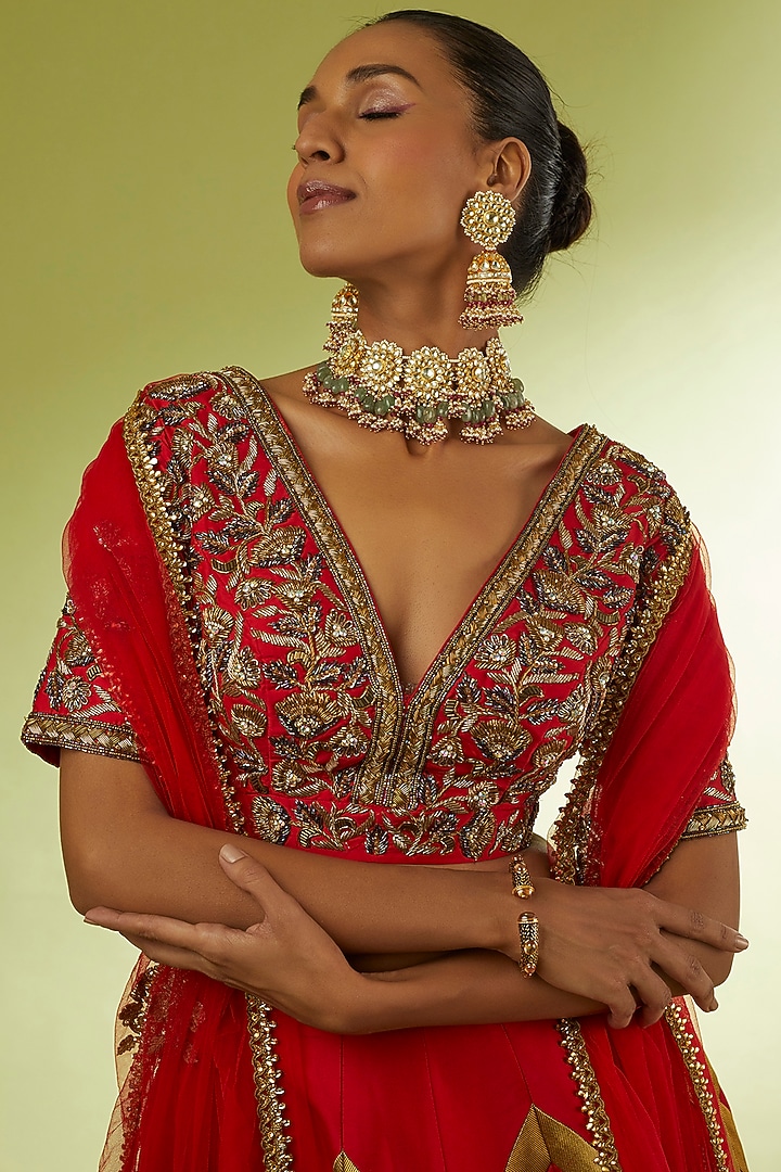 Red Taffeta & Brocade Bridal Lehenga Set by Rajat tangri at Pernia's Pop Up Shop