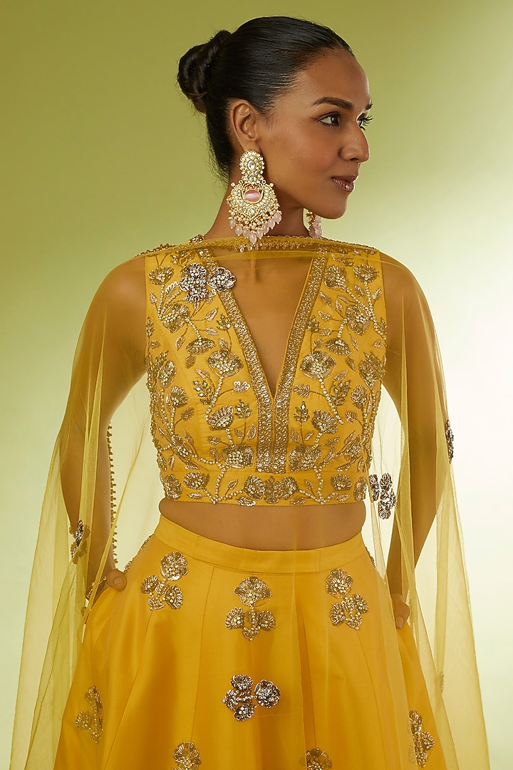 Yellow Taffeta & Net Wedding Lehenga Set by Rajat tangri at Pernia's Pop Up Shop