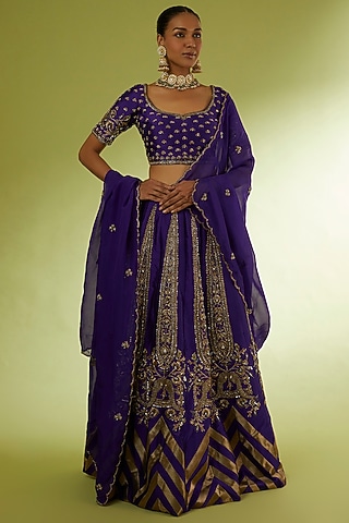 Violet Taffeta & Brocade Lehenga Set by Rajat tangri