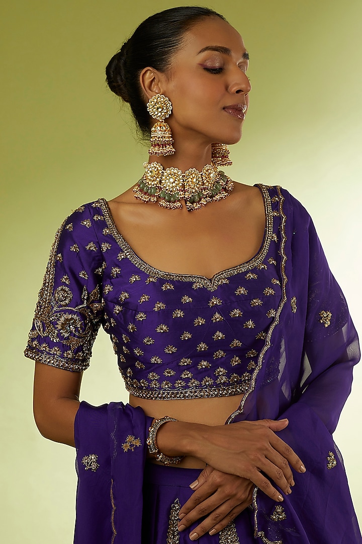 Violet Taffeta & Brocade Bridal Lehenga Set by Rajat tangri at Pernia's Pop Up Shop
