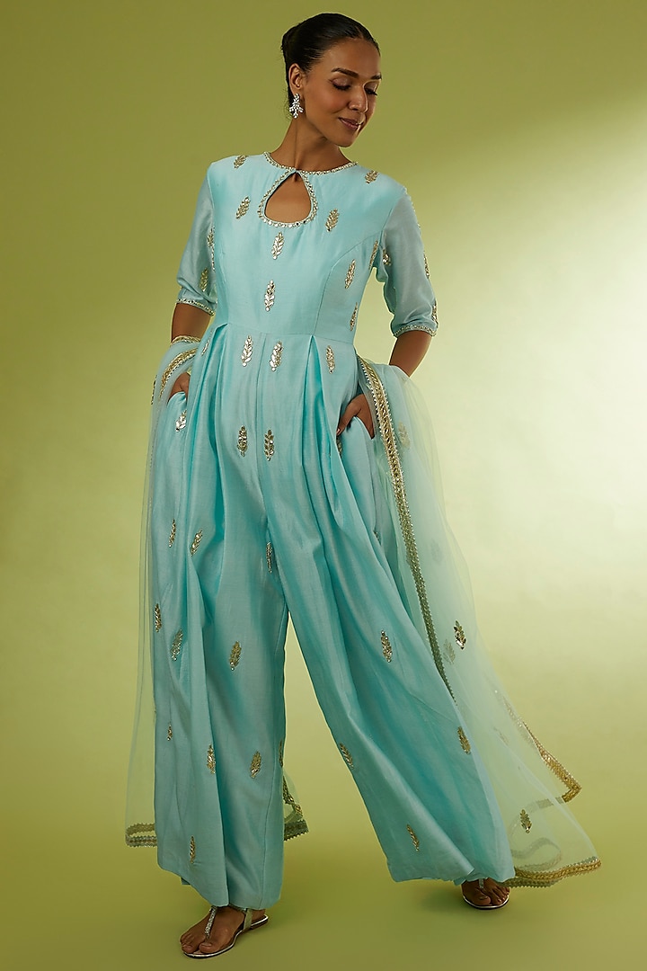 Blue Hand Embroidered Jumpsuit by Rajat tangri at Pernia's Pop Up Shop