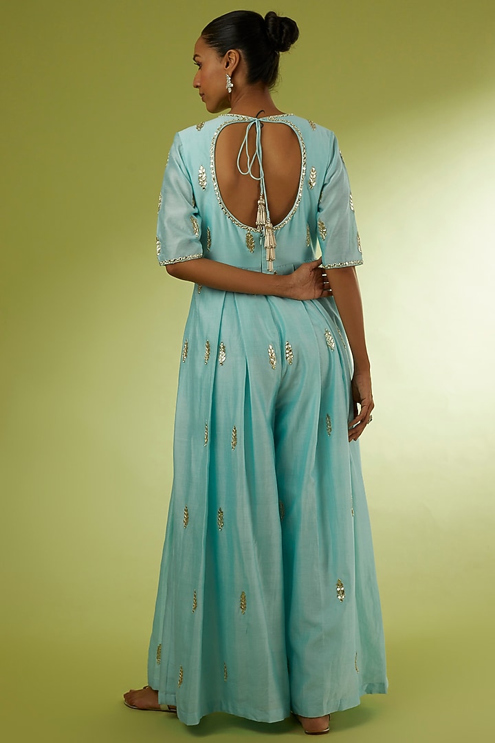 Blue Hand Embroidered Jumpsuit by Rajat tangri at Pernia's Pop Up Shop