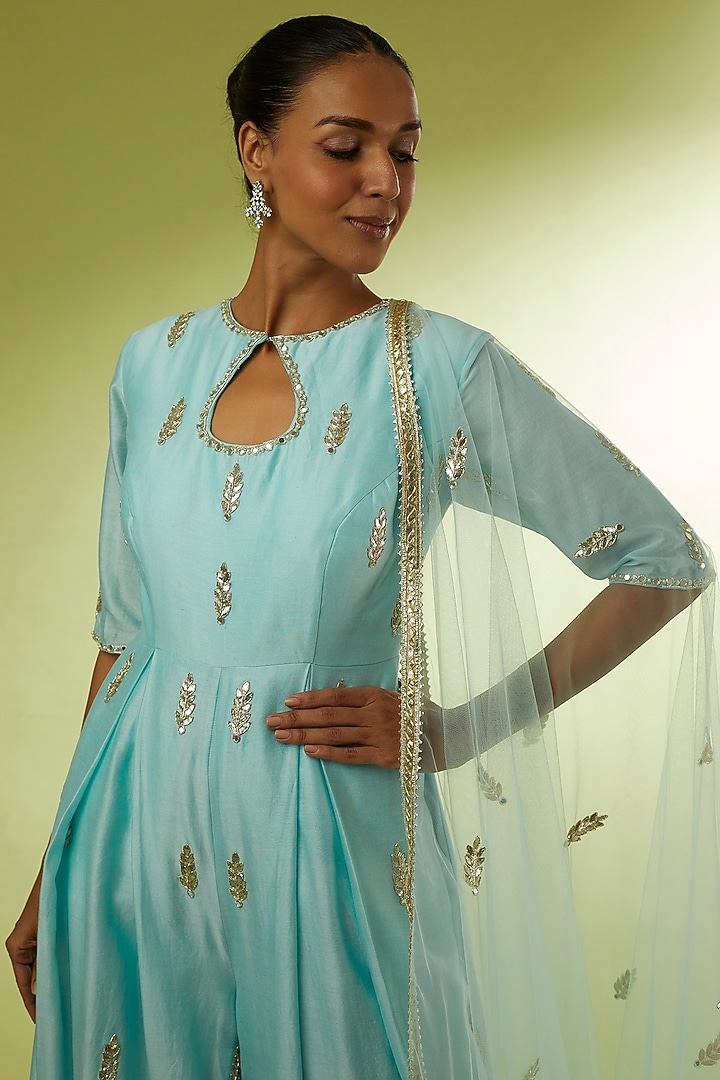 Blue Hand Embroidered Jumpsuit by Rajat tangri at Pernia's Pop Up Shop