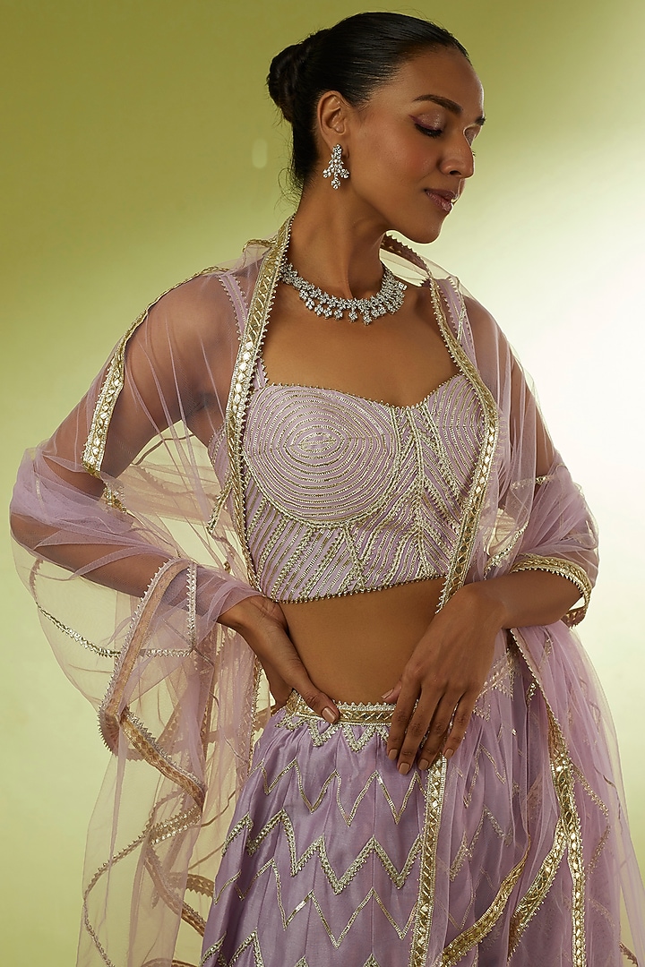 Purple Chanderi Gota Embroidered Flared Pant Set by Rajat tangri at Pernia's Pop Up Shop