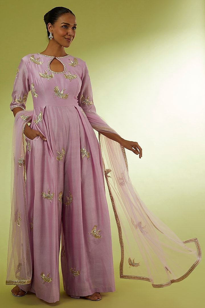Lilac Hand Embroidered Jumpsuit by Rajat tangri