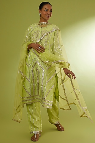 Lime Hand Embroidered Kurta Set by Rajat tangri