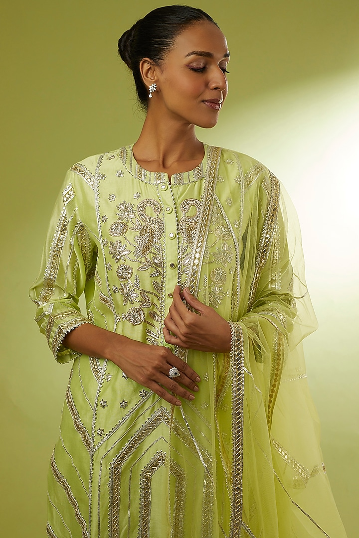 Lime Hand Embroidered Kurta Set by Rajat tangri at Pernia's Pop Up Shop