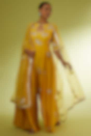 Yellow Hand Embroidered Jumpsuit by Rajat tangri