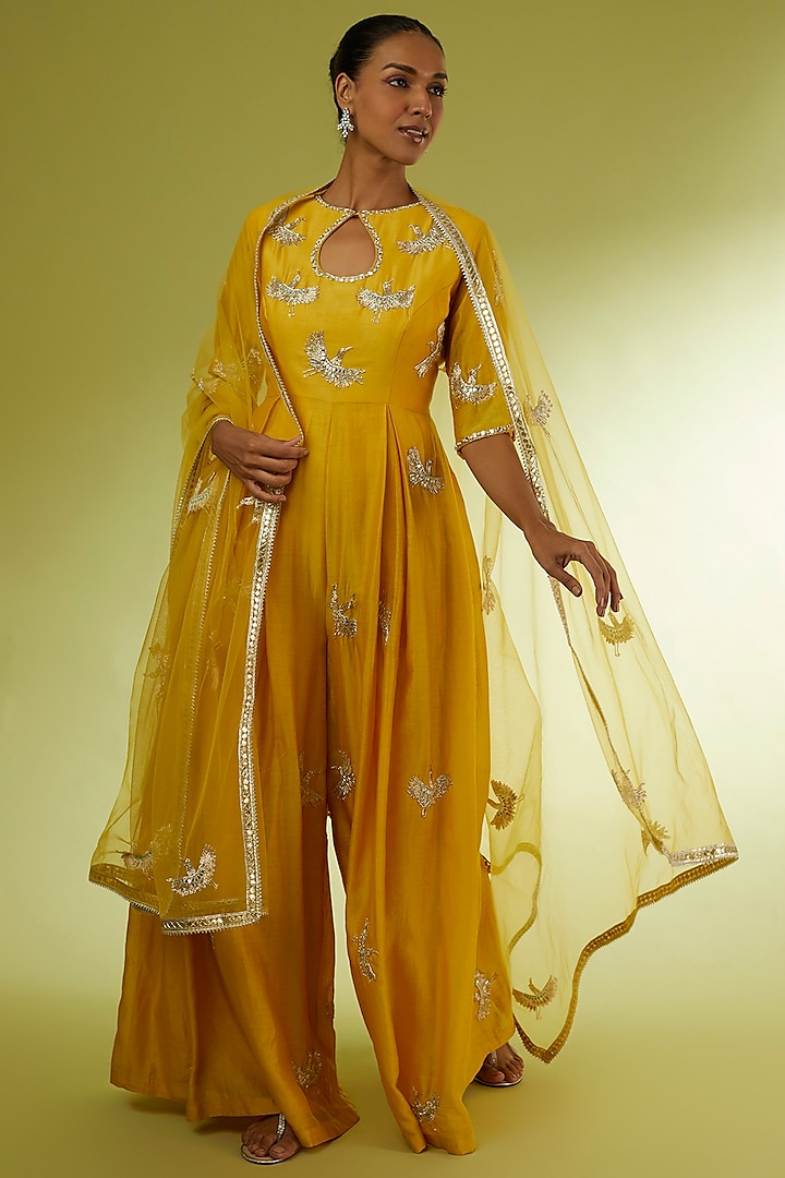 Yellow Hand Embroidered Jumpsuit by Rajat tangri at Pernia's Pop Up Shop