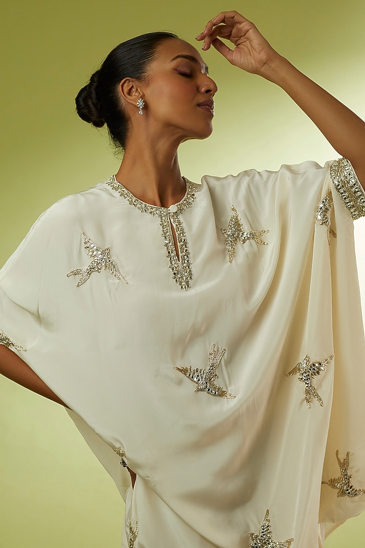 White Crepe Embroidered Kaftan Set by Rajat tangri at Pernia's Pop Up Shop