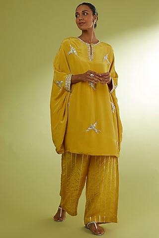 Yellow Crepe Embroidered Kaftan Set by Rajat tangri