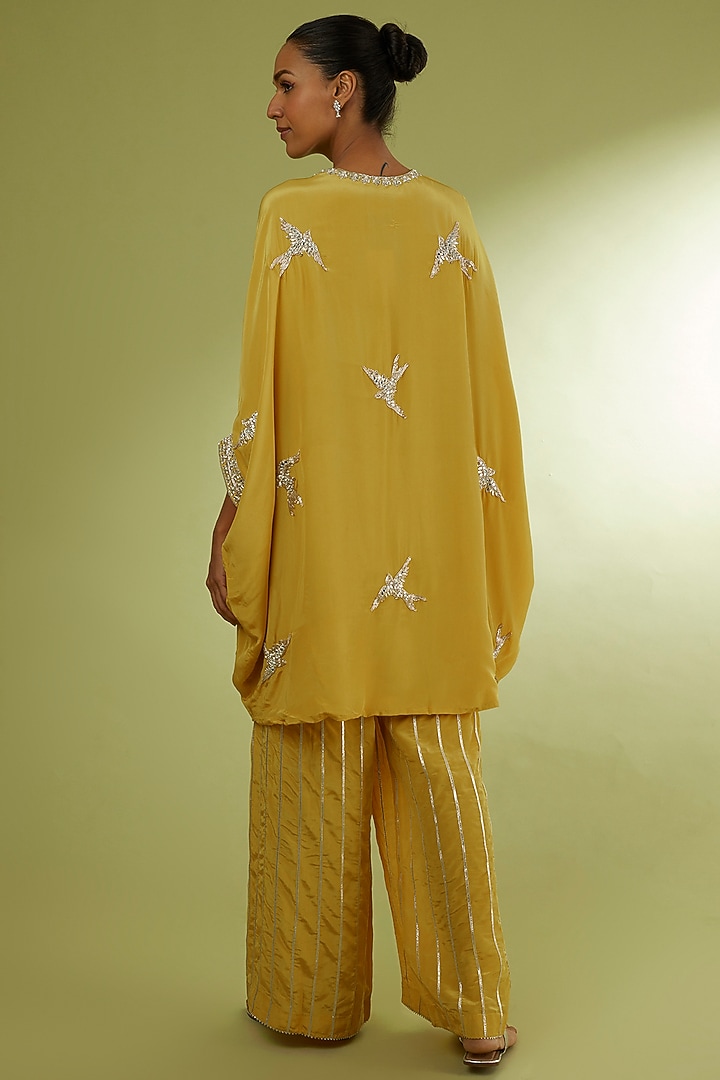 Yellow Crepe Embroidered Kaftan Set by Rajat tangri at Pernia's Pop Up Shop