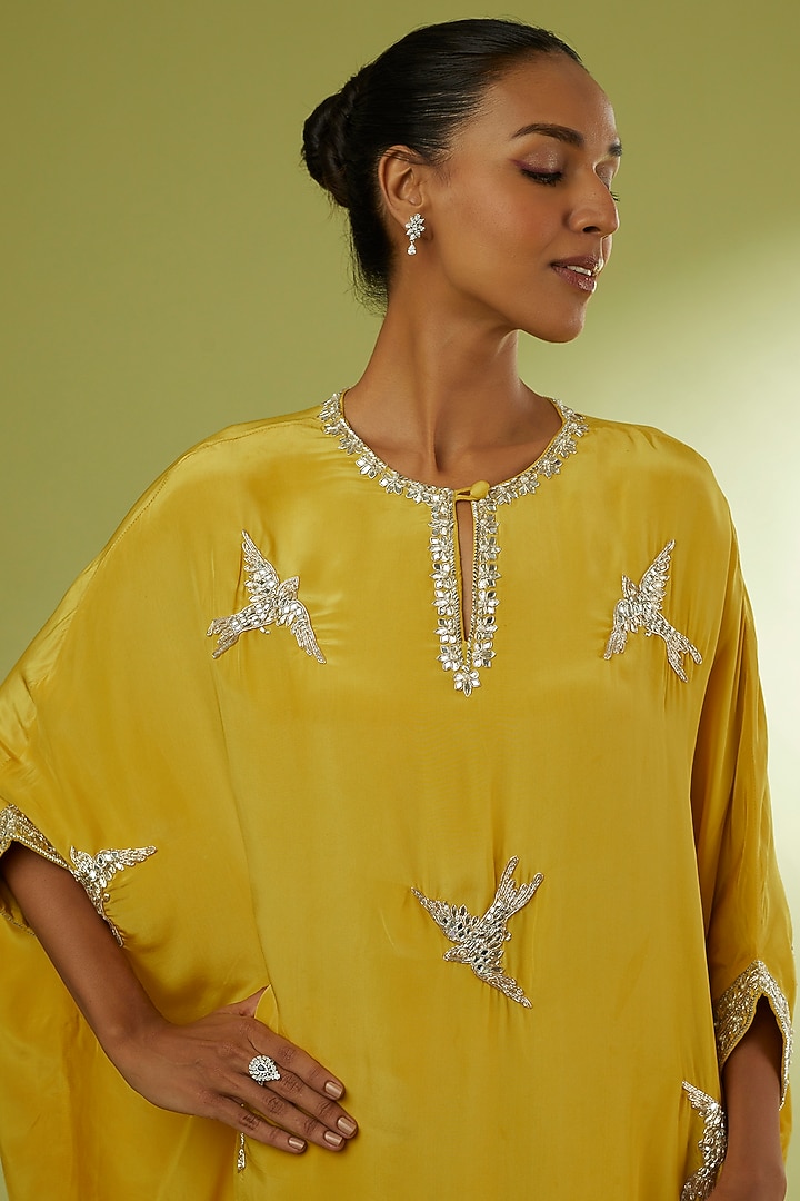 Yellow Crepe Embroidered Kaftan Set by Rajat tangri at Pernia's Pop Up Shop