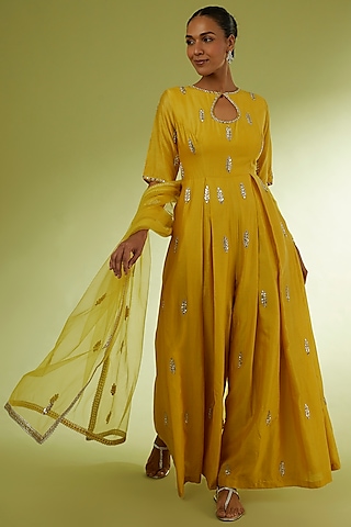 Yellow Hand Embroidered Jumpsuit by Rajat tangri