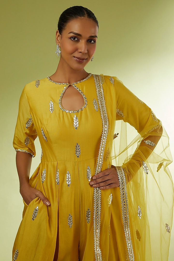 Yellow Hand Embroidered Jumpsuit by Rajat tangri at Pernia's Pop Up Shop