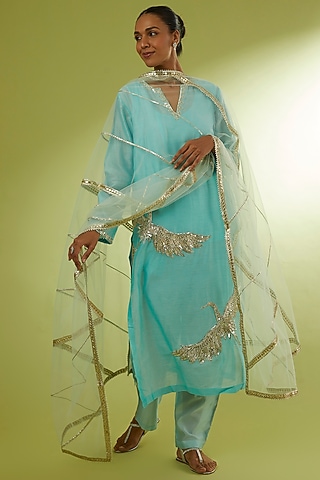 Powder Blue Hand Embroidered Kurta Set by Rajat tangri