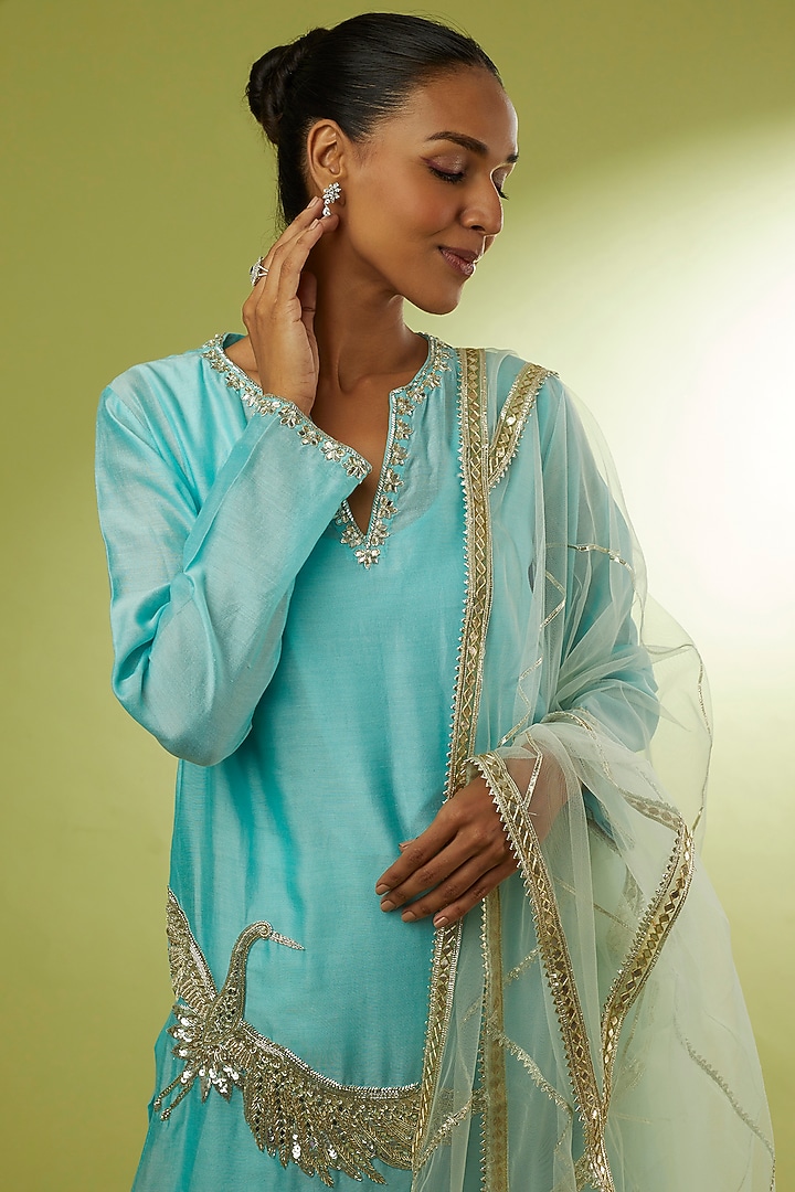 Powder Blue Hand Embroidered Kurta Set by Rajat tangri at Pernia's Pop Up Shop