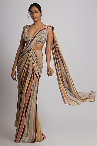 Multi-Colored Georgette Crepe Stripe Printed Saree Set by Rajat tangri 