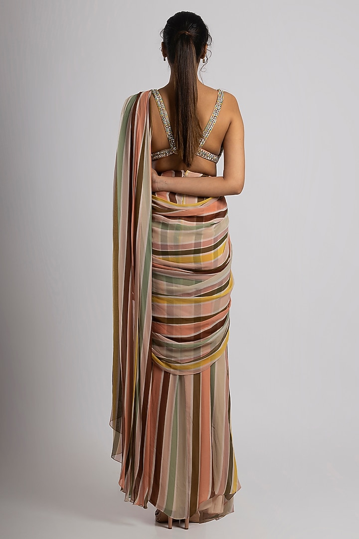 Multi-Colored Georgette Crepe Stripe Printed Wedding Saree Set by Rajat tangri at Pernia's Pop Up Shop