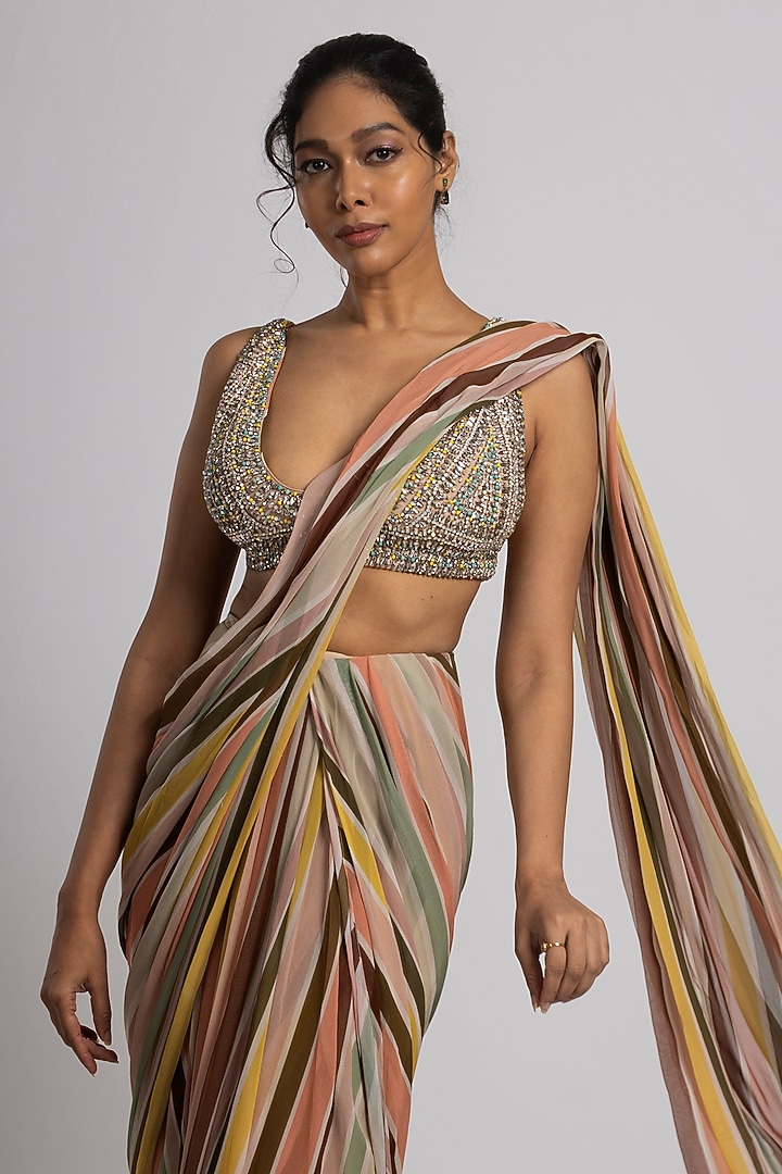 Multi-Colored Georgette Crepe Stripe Printed Wedding Saree Set by Rajat tangri at Pernia's Pop Up Shop